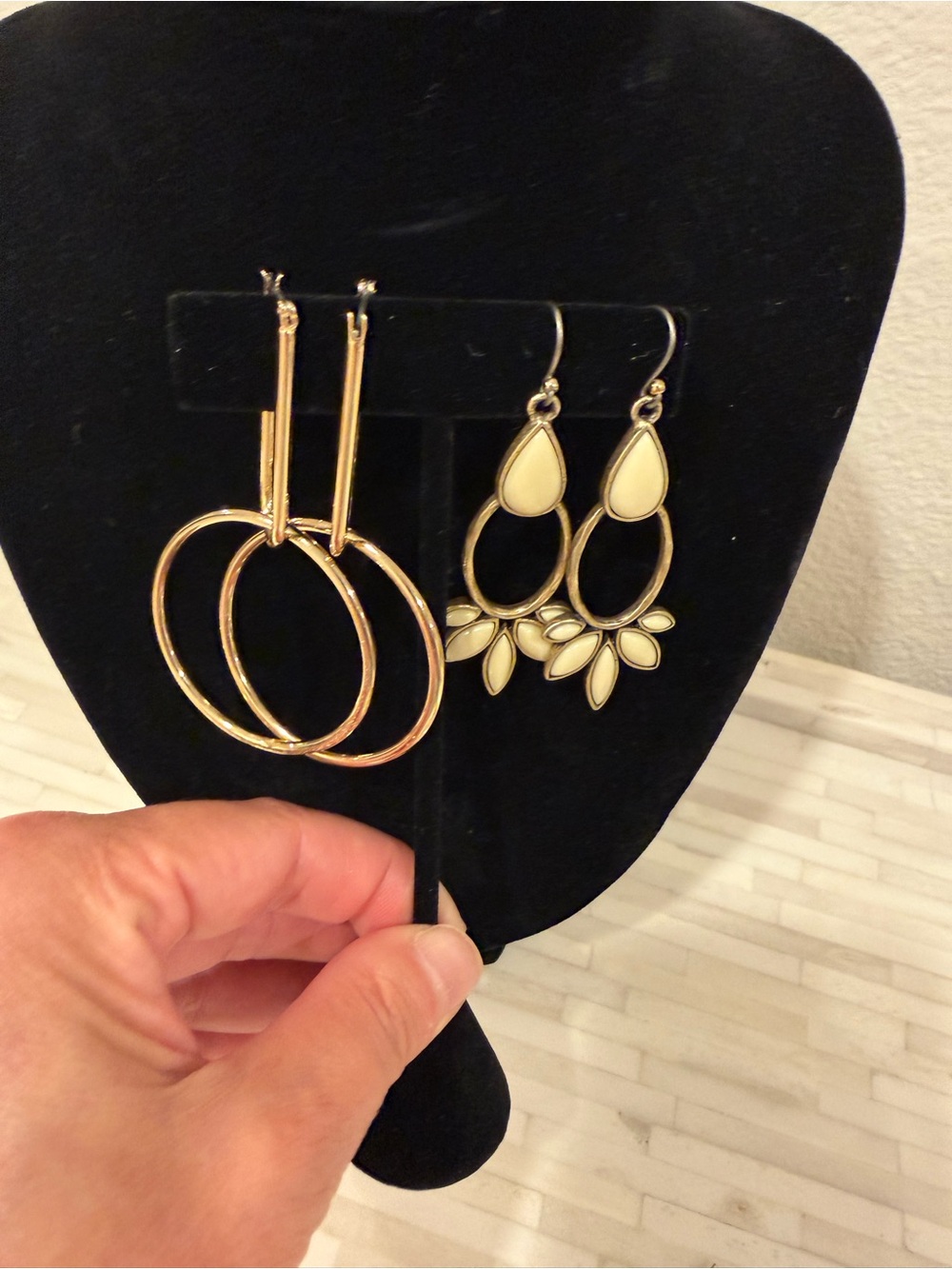 Gold Hoop and Cream Teardrop Dangle Earrings Set - Women Jewelry